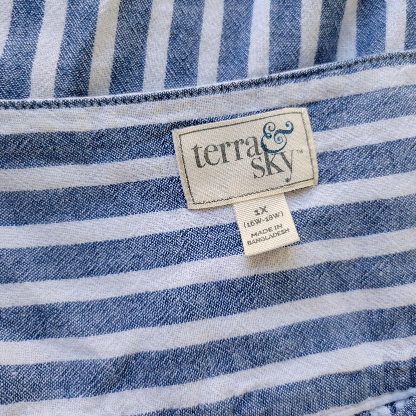 Terra Sky Womens Top 1X 16W 18W Short Sleeve Blue Stripe Linen Rayon Lightweight