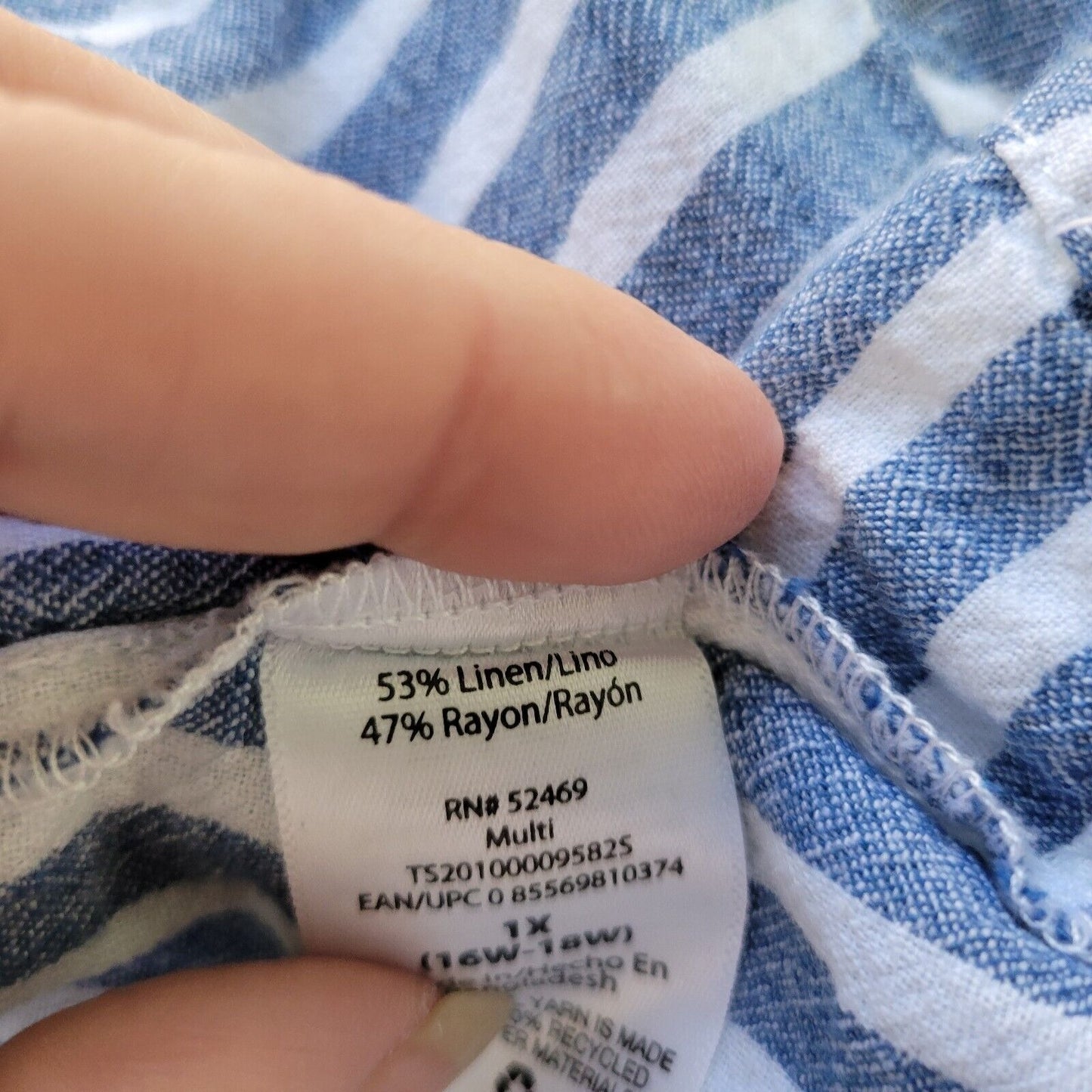 Terra Sky Womens Top 1X 16W 18W Short Sleeve Blue Stripe Linen Rayon Lightweight