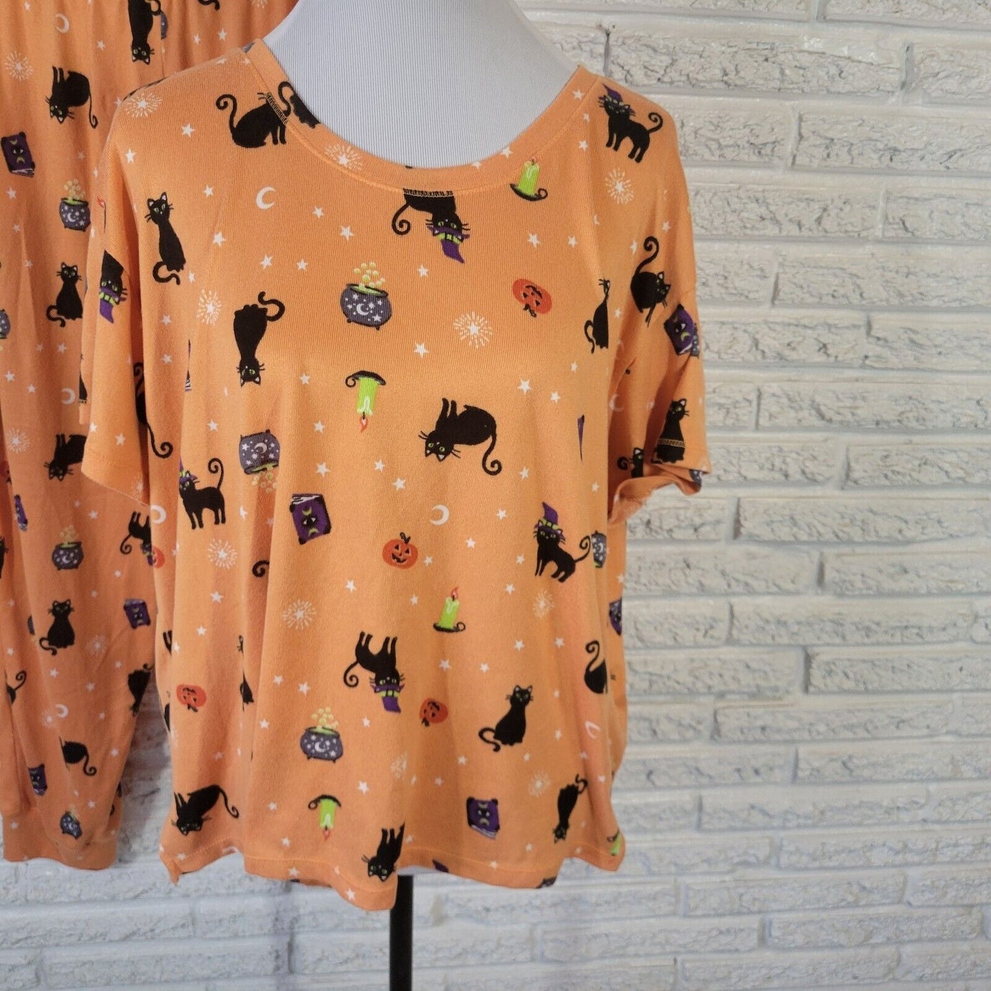 Halloween Womens Pajama Set 2X Knit Orange Cats All Over Lightweight Loungewear
