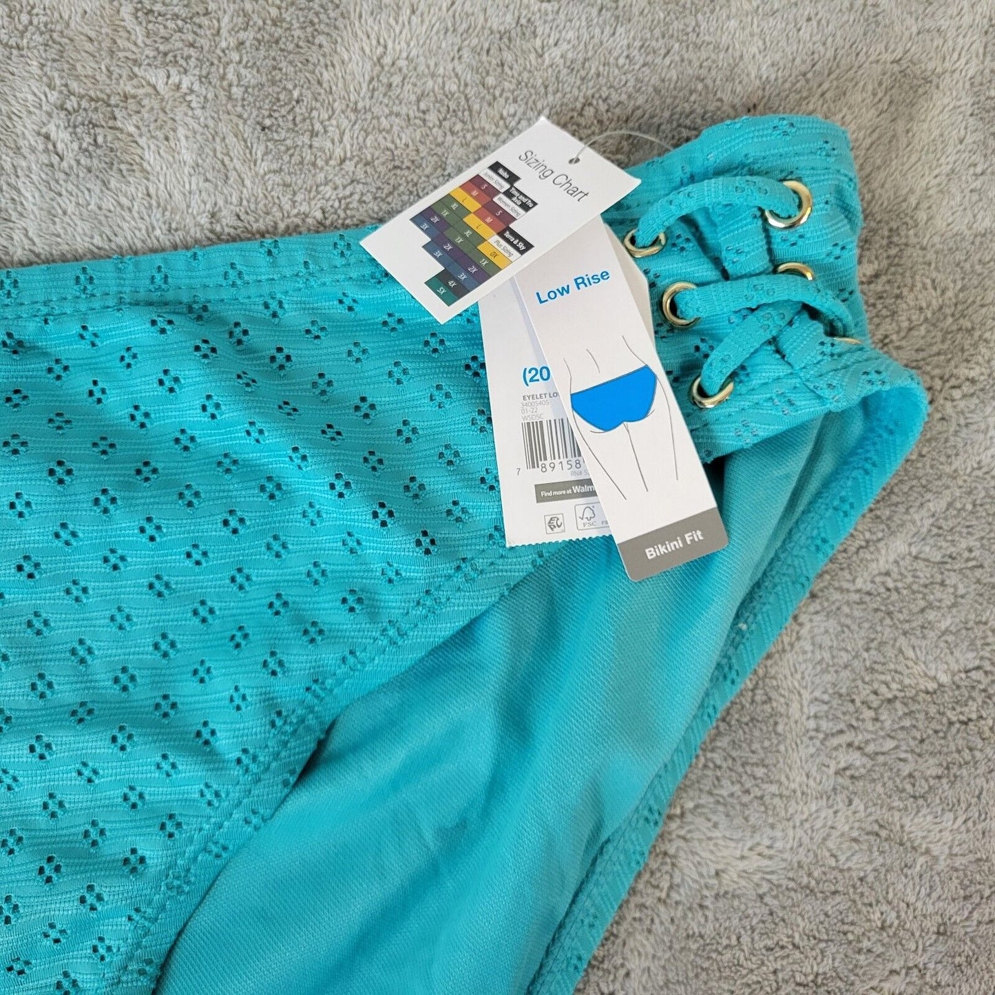 Time Tru Womens Bikini Bottom 2X 20W 22W Blue Eyelet Poly Blend Lined Swimwear