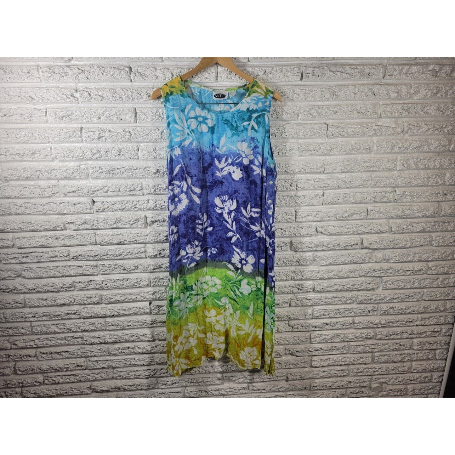 MTB Meant to Be Womens Dress 1X Sleeveless Shift Blue Floral Lightweight Rayon