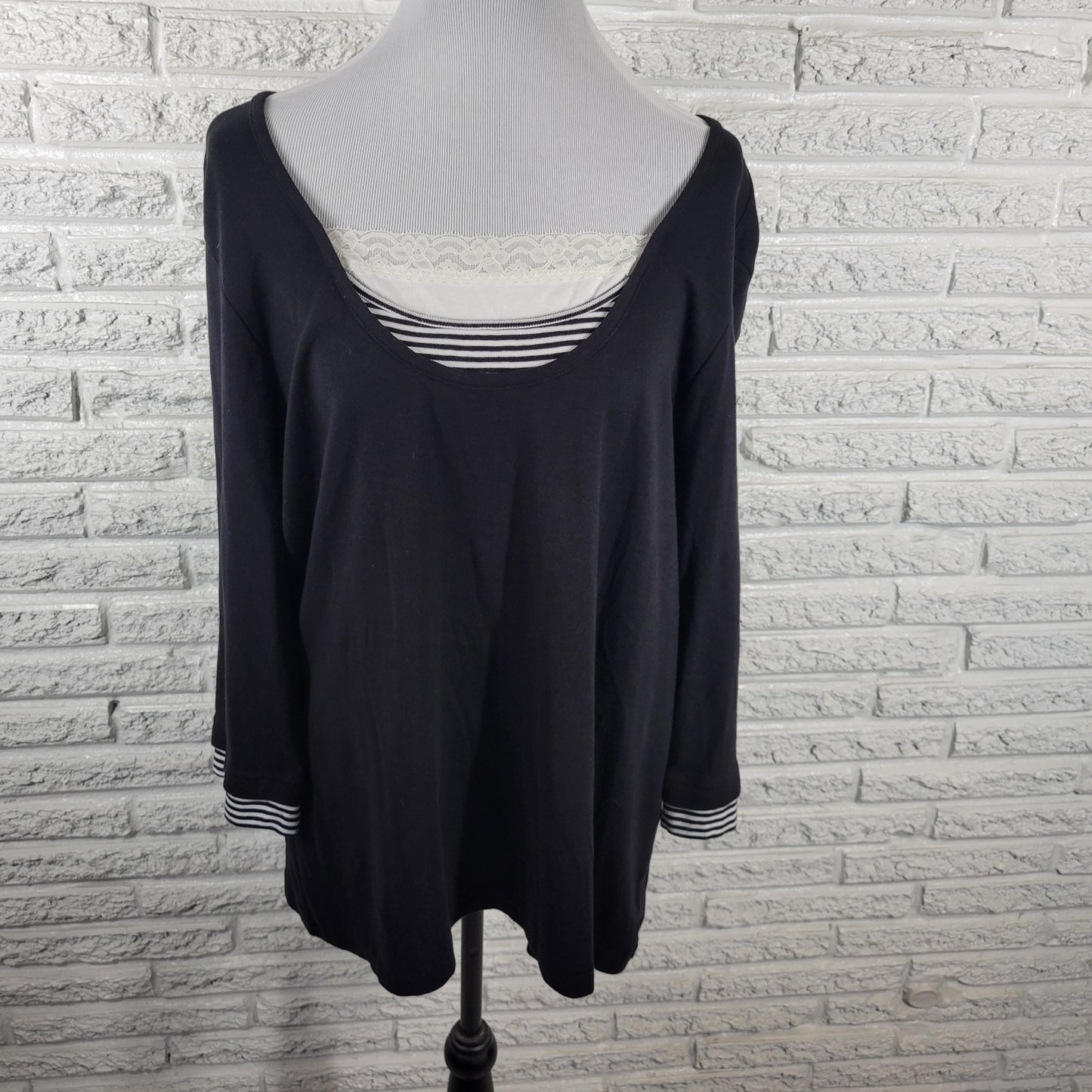 CJ Banks Womens Top 1X Plus 3/4 Sleeve Black Square Neck Cotton Lace Trim Comfy