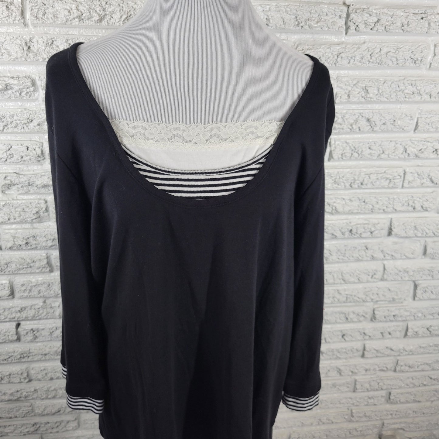 CJ Banks Womens Top 1X Plus 3/4 Sleeve Black Square Neck Cotton Lace Trim Comfy