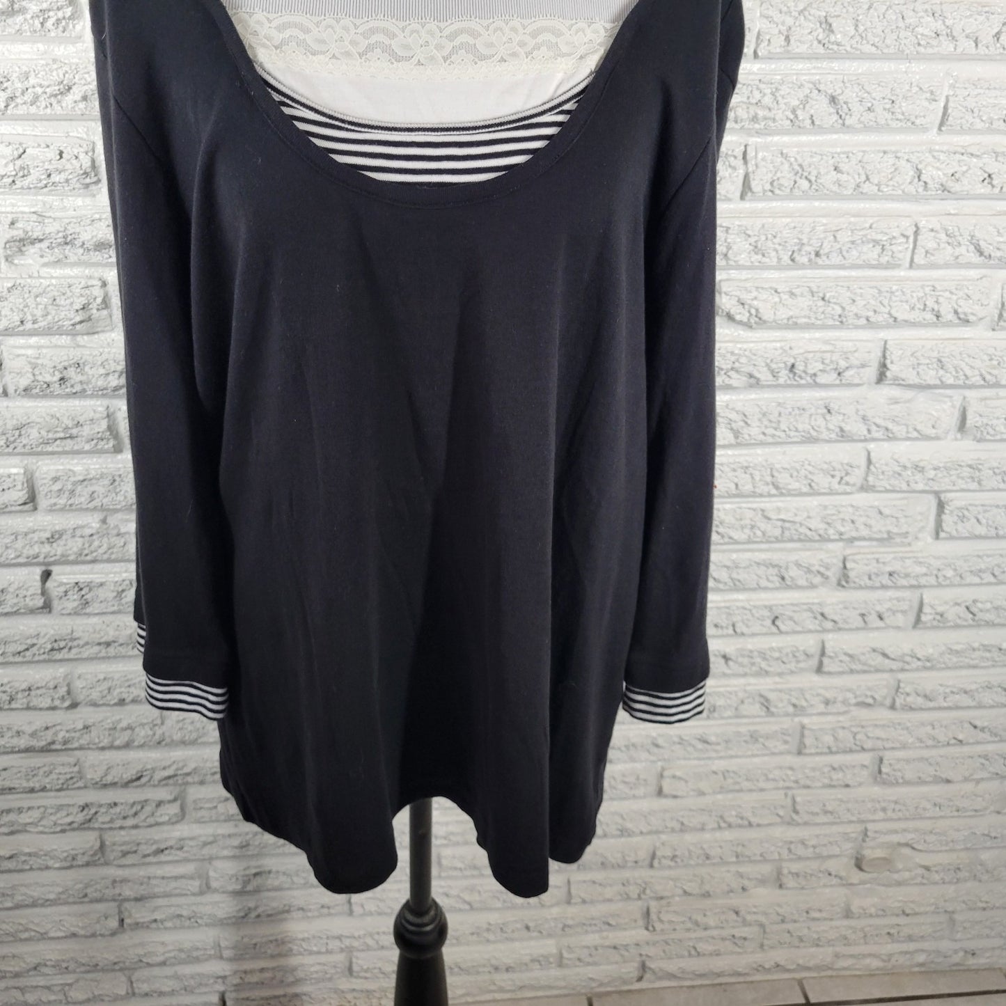 CJ Banks Womens Top 1X Plus 3/4 Sleeve Black Square Neck Cotton Lace Trim Comfy