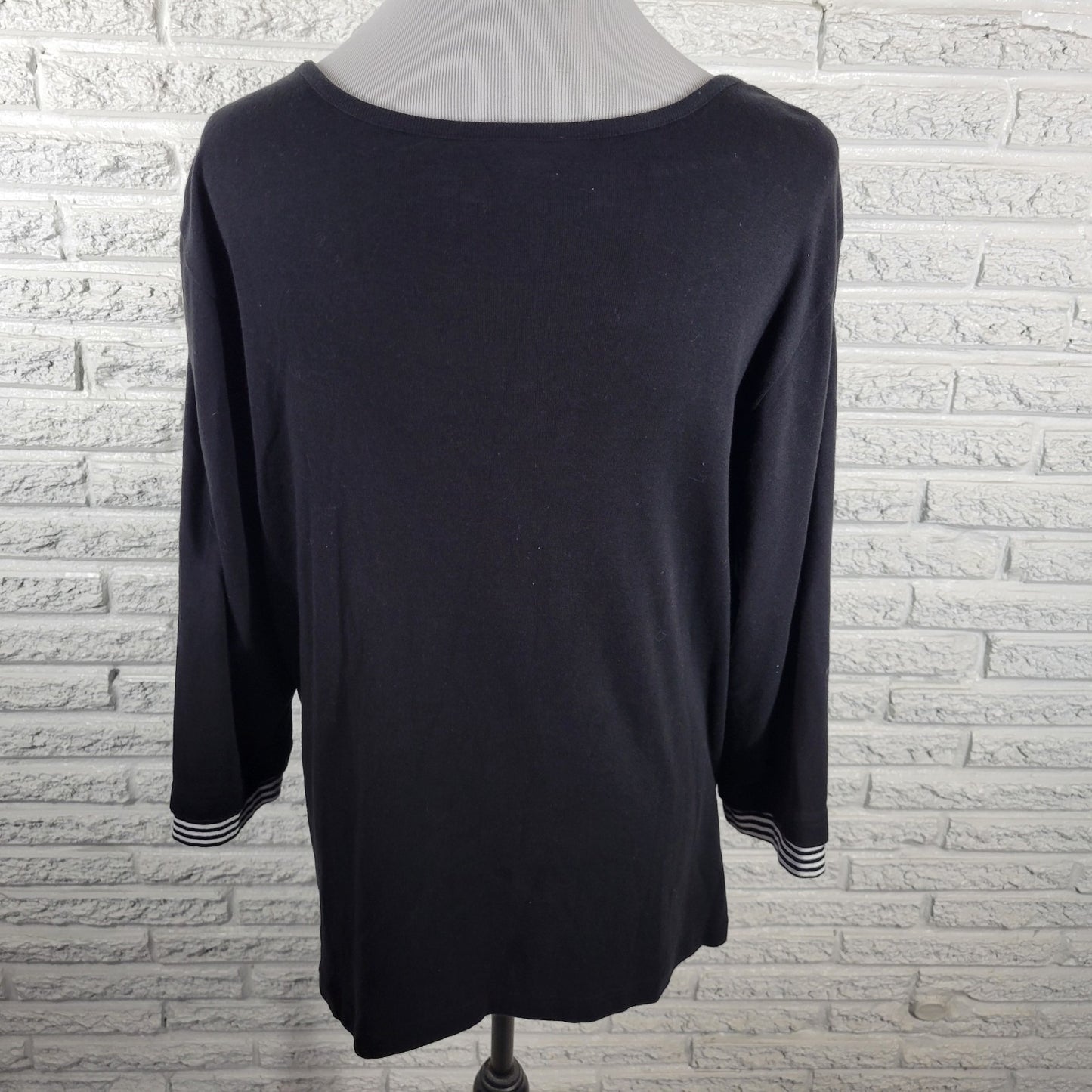 CJ Banks Womens Top 1X Plus 3/4 Sleeve Black Square Neck Cotton Lace Trim Comfy