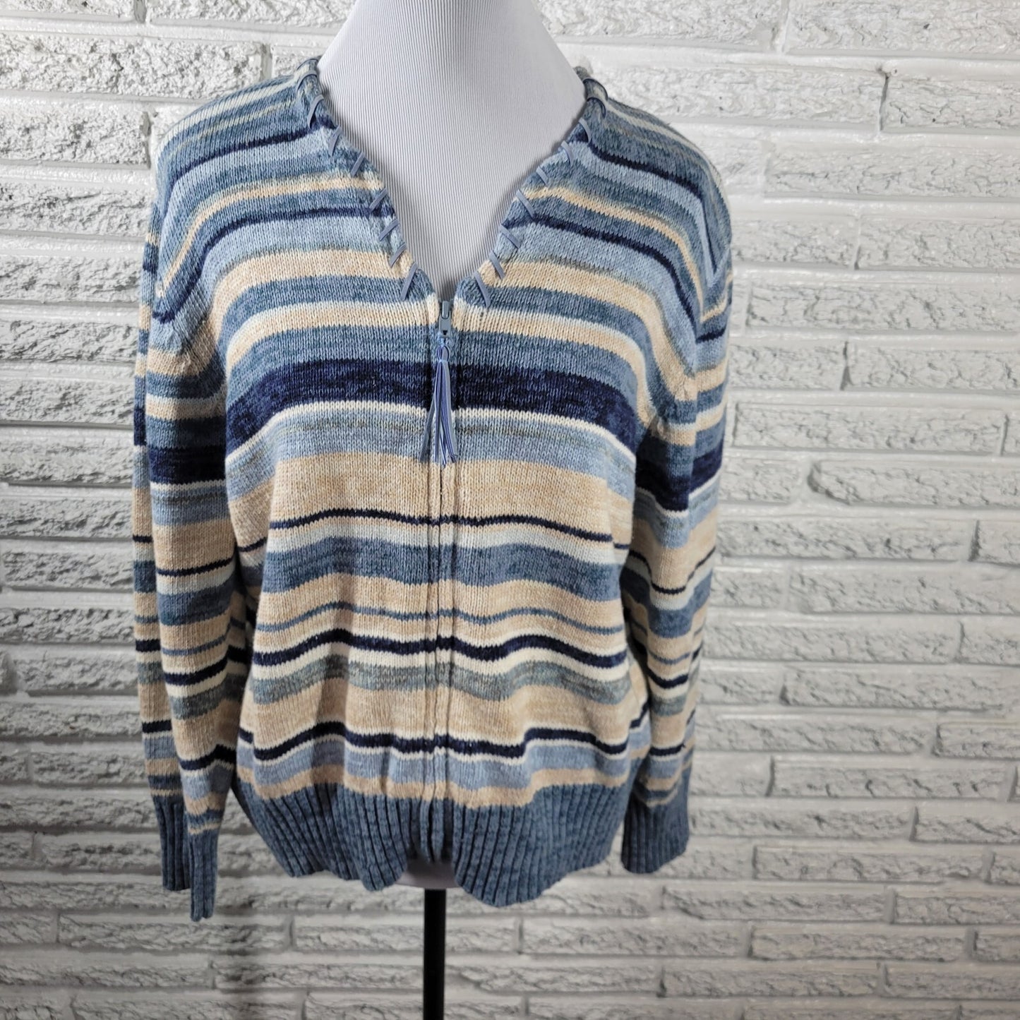 Tiara International Womens Sweater Extra Large XL Cardigan Full Zip Blue Stripe