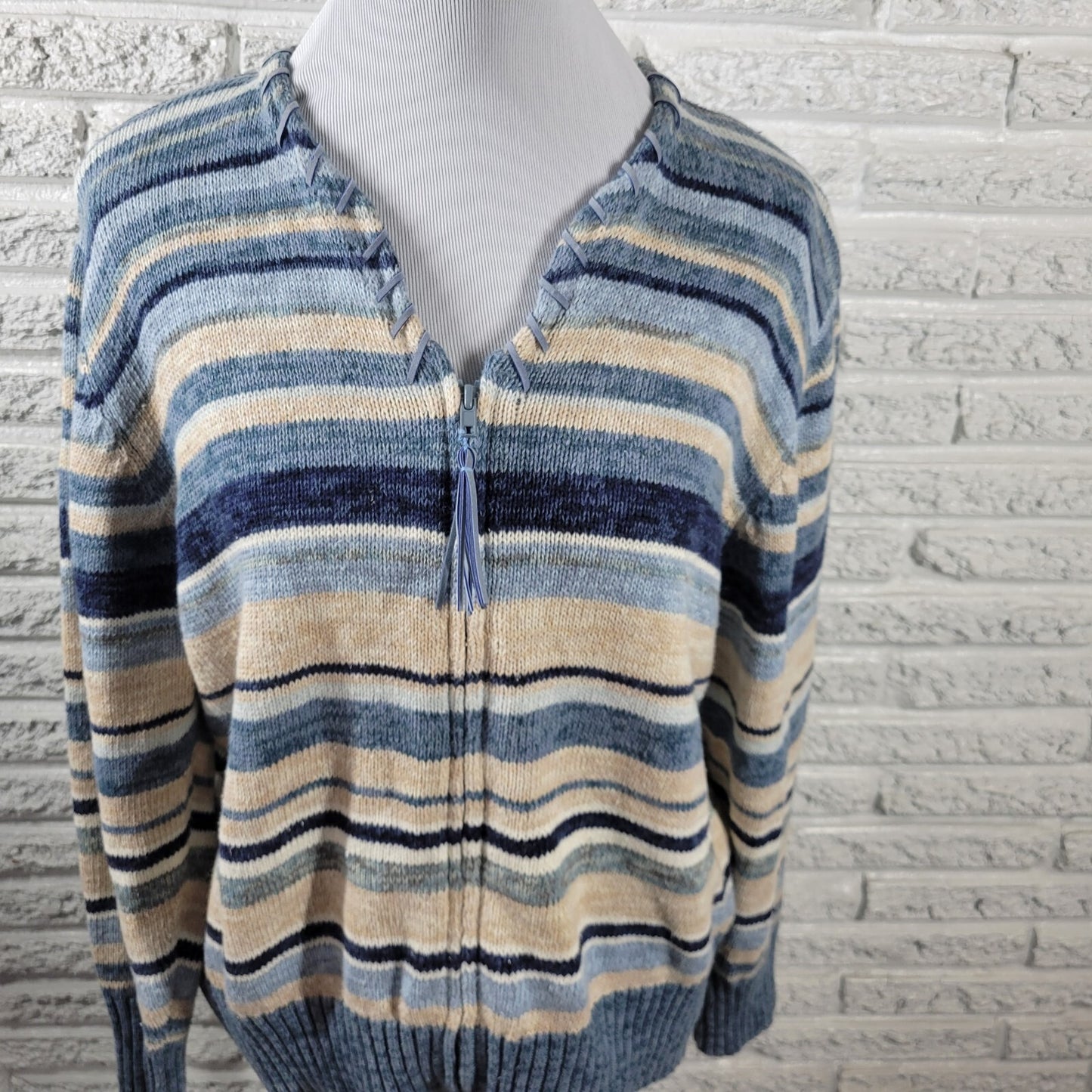 Tiara International Womens Sweater Extra Large XL Cardigan Full Zip Blue Stripe