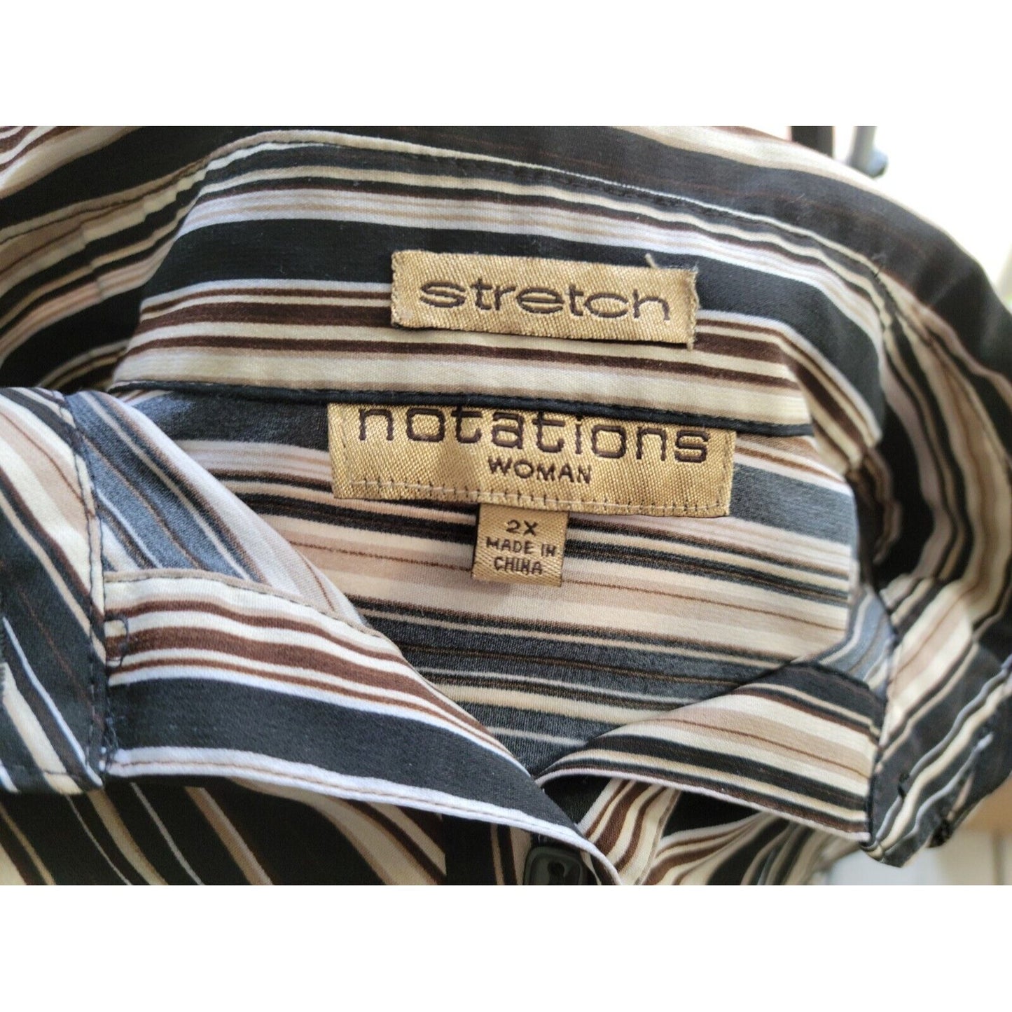 Notations Women Shirt 2X Plus Button Up Collar Black Stripe Long Sleeve Office