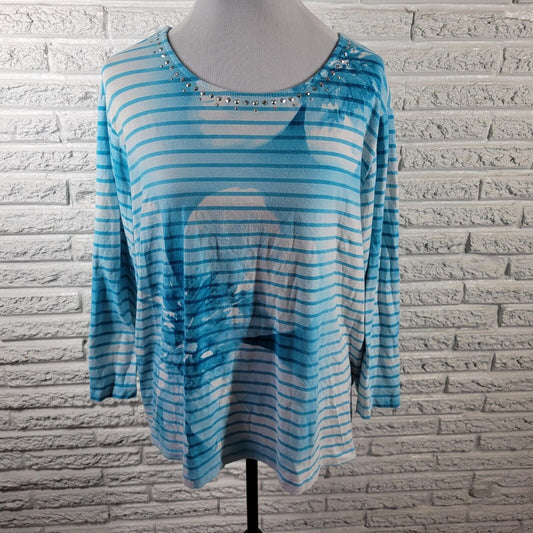 Alfred Dunner Womens Top 2X Plus long Sleeve Blue Stripe Studded Cotton Blend