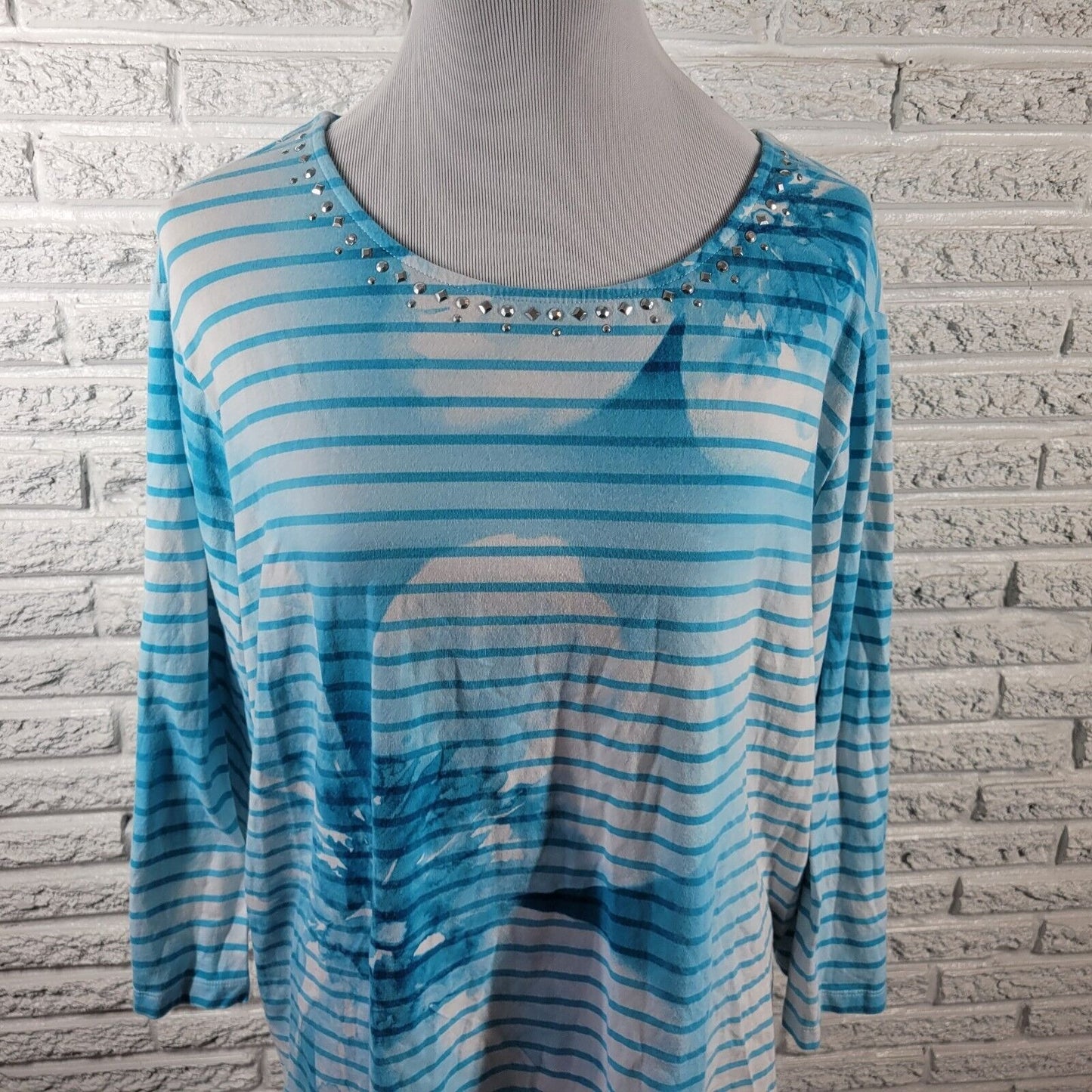 Alfred Dunner Womens Top 2X Plus long Sleeve Blue Stripe Studded Cotton Blend