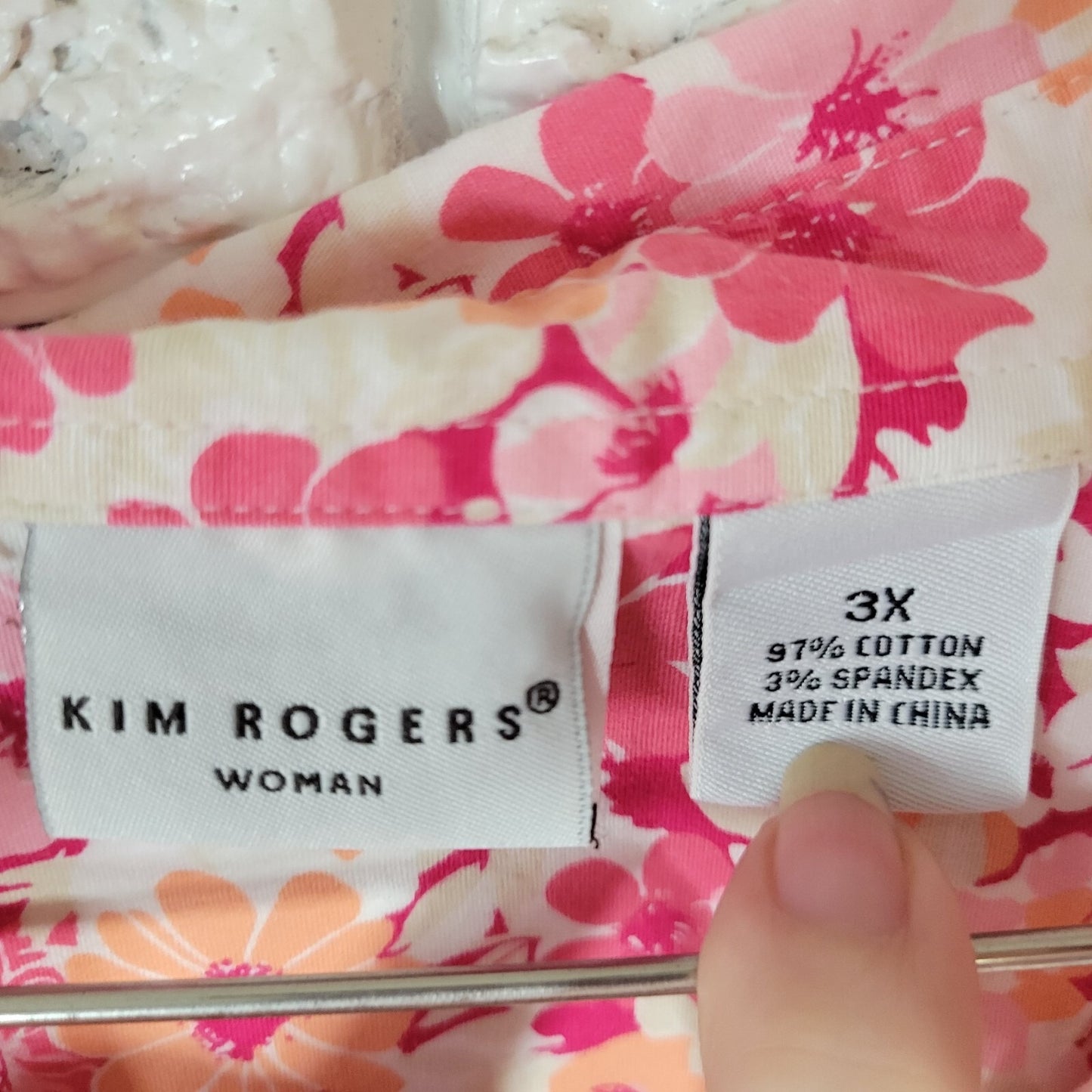 Kim Rogers Womens Top 3X Plus 3/4 Sleeve Pink Orange Floral Casual Button Up