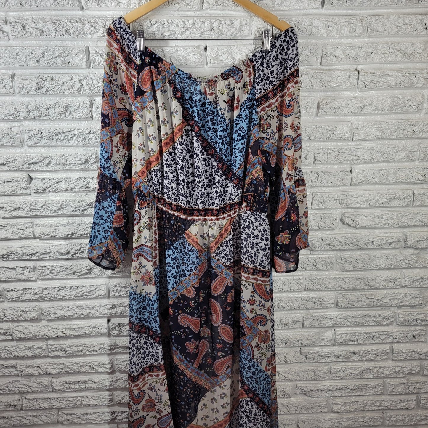 Venus Women Dress 18 Plus Overlay Blue Paisley Sheer Split Front On Off Shoulder