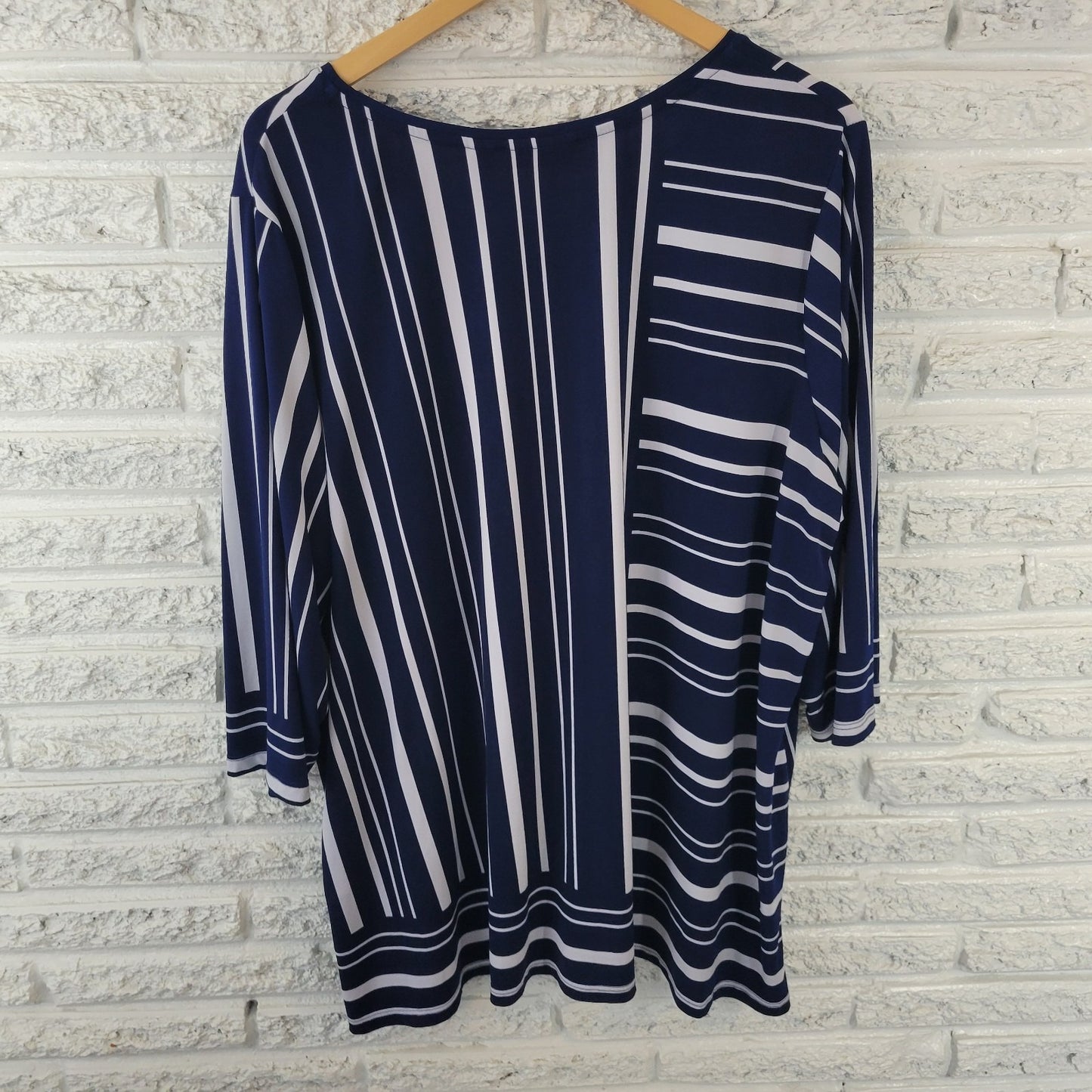 Susan Graver QVC Womens Top 3X Plus Tunic 3/4 Sleeve Blue Stripe Poly Blend