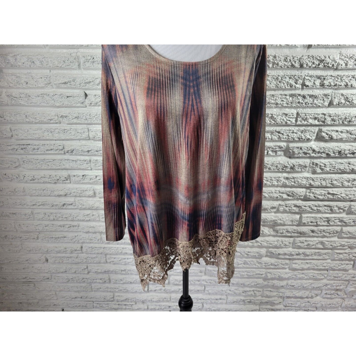 Live Let Live Womens Top Extra Large Tunic Lace Hem Asymmetric Brown Stripe