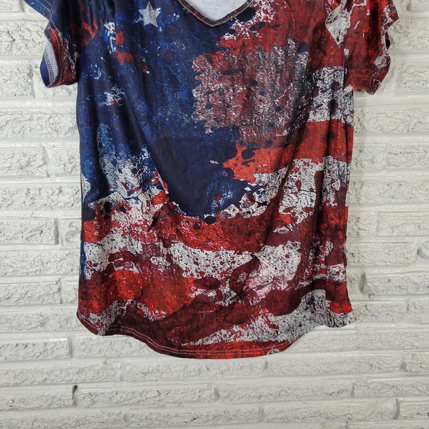 Fourth of July Womens Top XXL Plus Cold Shoulder Blue Red Poly Blend Patriotic