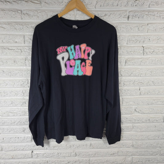 Gildan Womens Top 2XL Plus Tee Long Sleeve Black My Happy Place Retro Hippie