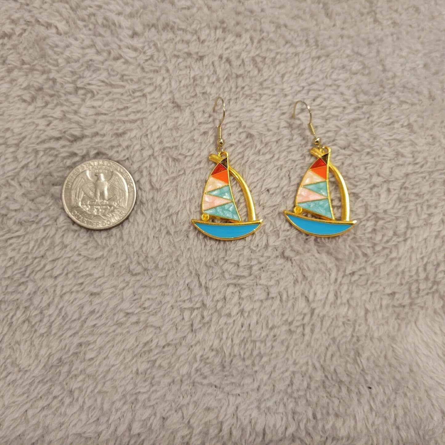 Sailboat Earrings One Pair Gold Tone Dangle Fish Hook Hanging Novelty