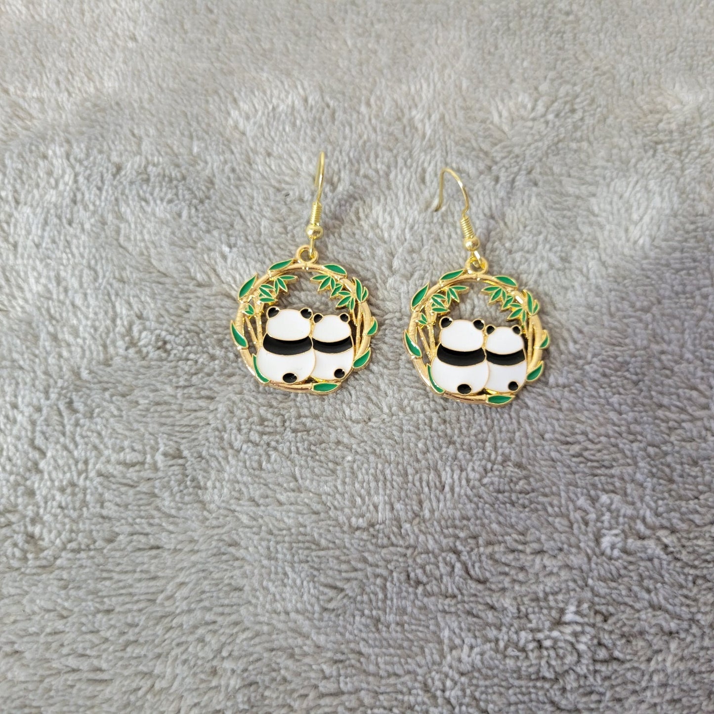Panda Bear No. 4 Earrings Two Pandas One Pair Gold Tone Hanging Fish Hook Dangle