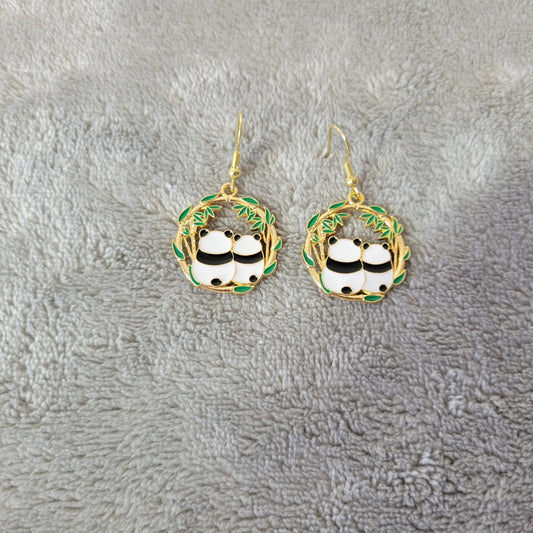 Panda Bear No. 4 Earrings Two Pandas One Pair Gold Tone Hanging Fish Hook Dangle