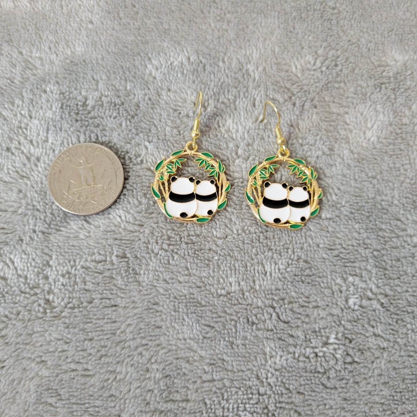 Panda Bear No. 4 Earrings Two Pandas One Pair Gold Tone Hanging Fish Hook Dangle