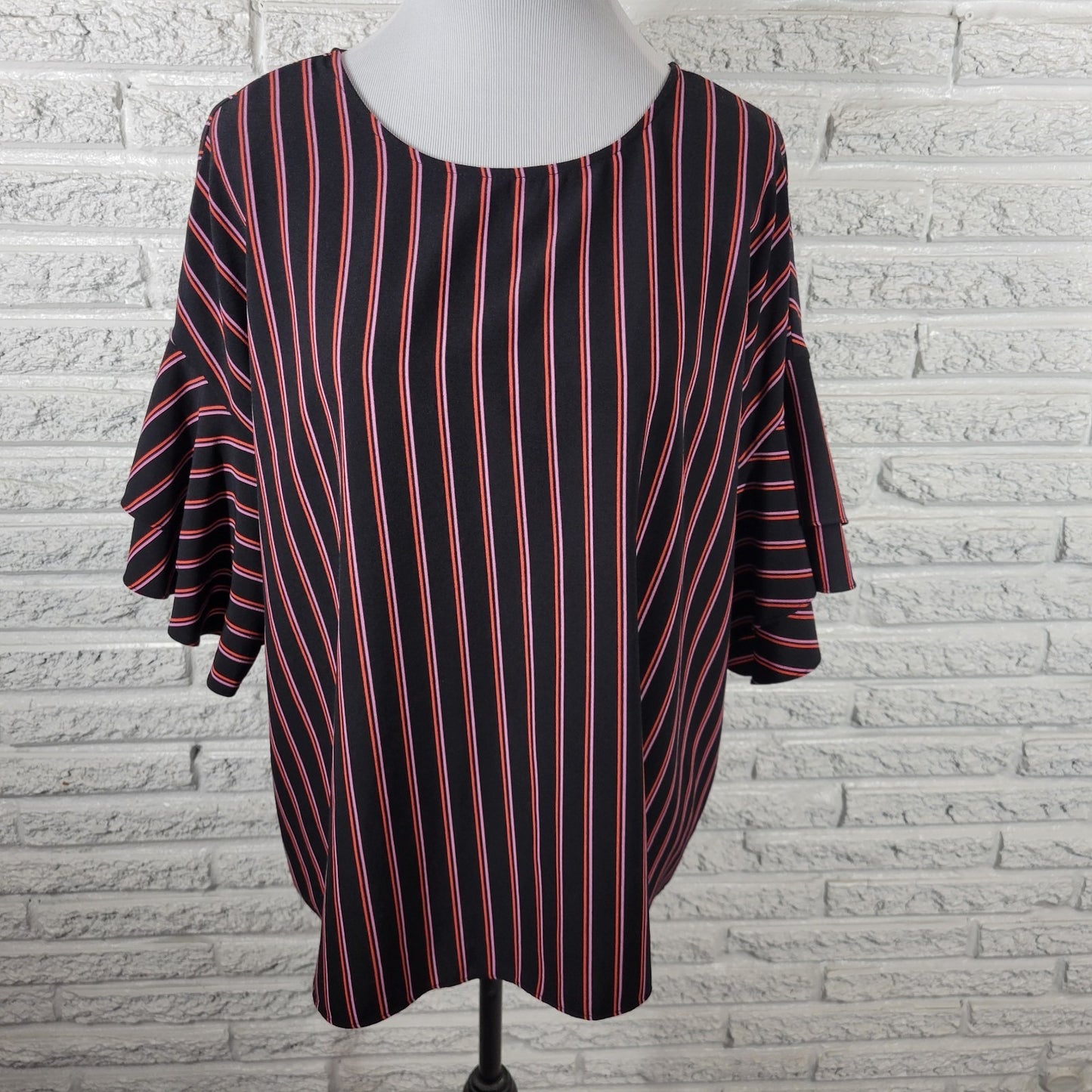 Worthington Womens Top 1X Plus Double Bell Sleeve Black Stripe Back Keyhole