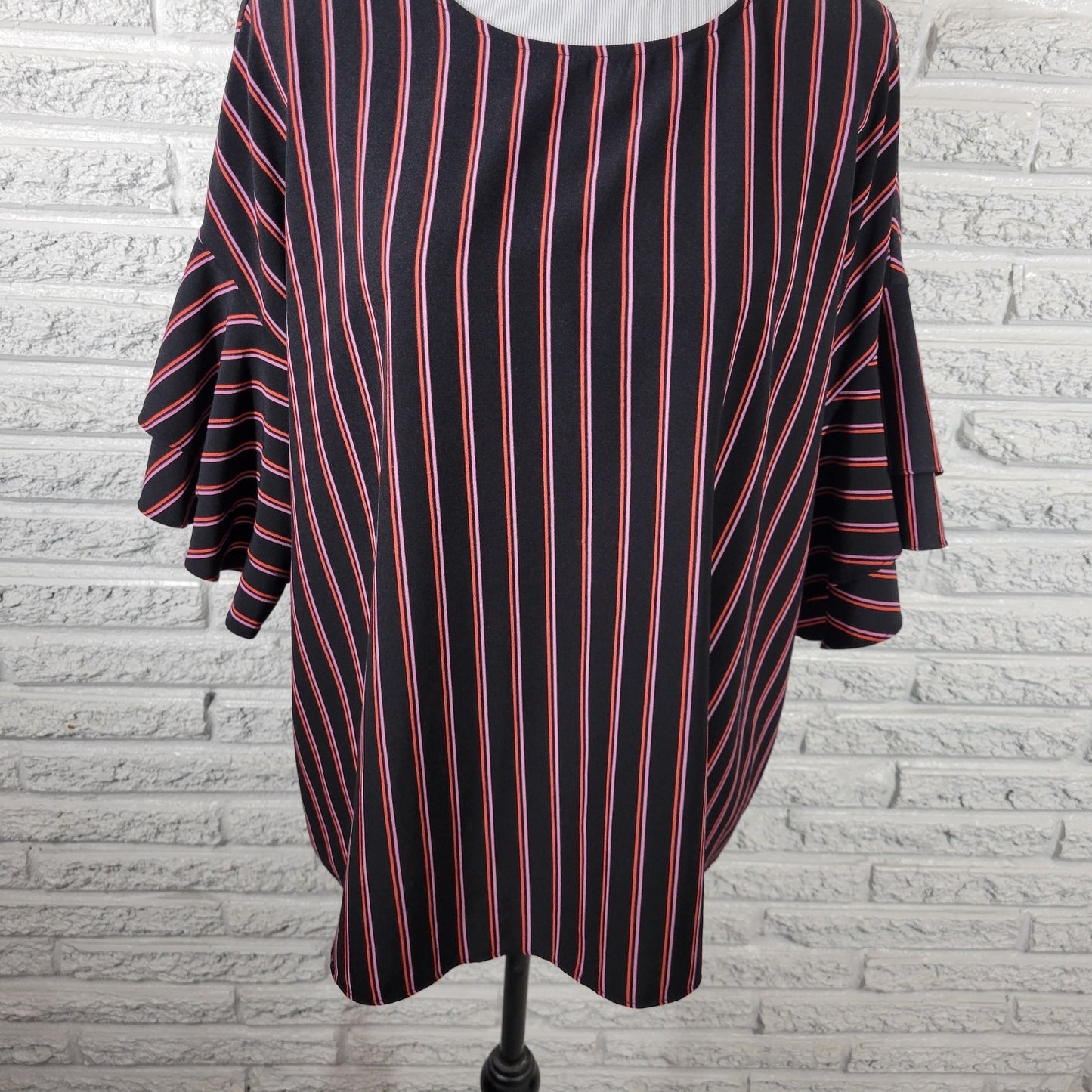 Worthington Womens Top 1X Plus Double Bell Sleeve Black Stripe Back Keyhole