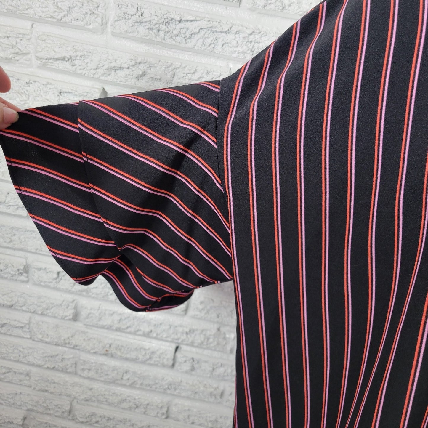 Worthington Womens Top 1X Plus Double Bell Sleeve Black Stripe Back Keyhole