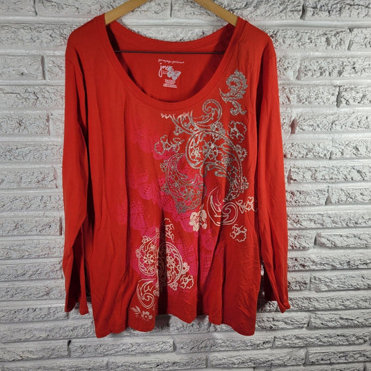 Just My Size Womens Top 2X 18W 20W Tee Long Sleeve Red Floral Paisley Glitter