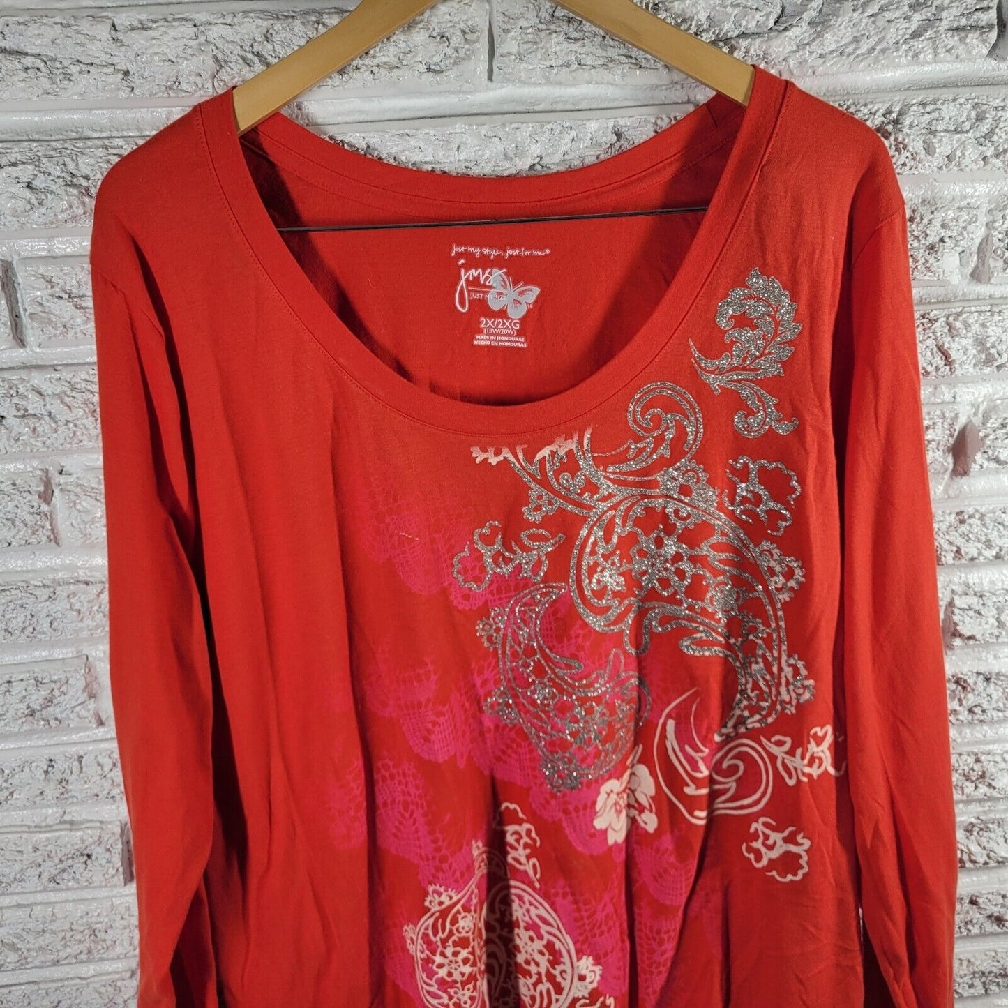 Just My Size Womens Top 2X 18W 20W Tee Long Sleeve Red Floral Paisley Glitter