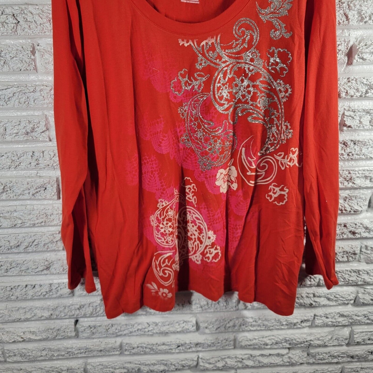 Just My Size Womens Top 2X 18W 20W Tee Long Sleeve Red Floral Paisley Glitter