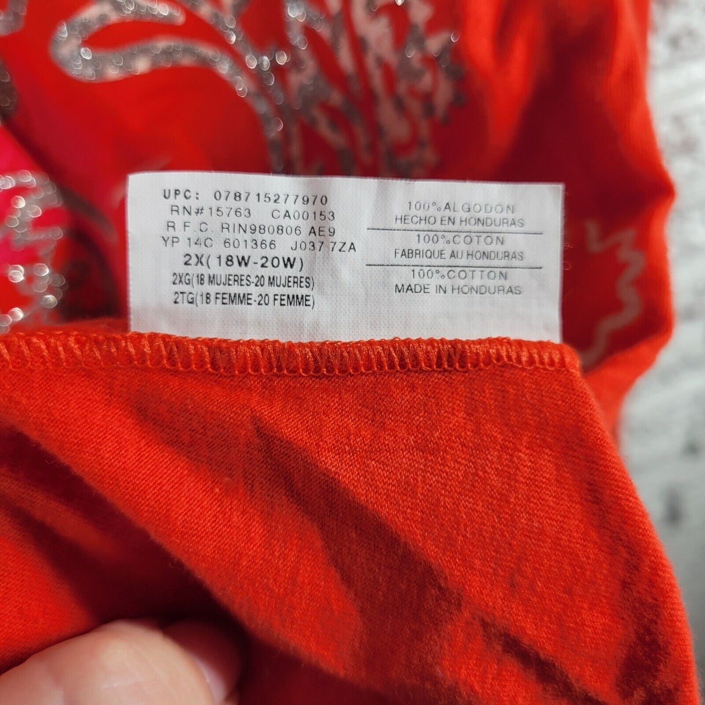 Just My Size Womens Top 2X 18W 20W Tee Long Sleeve Red Floral Paisley Glitter