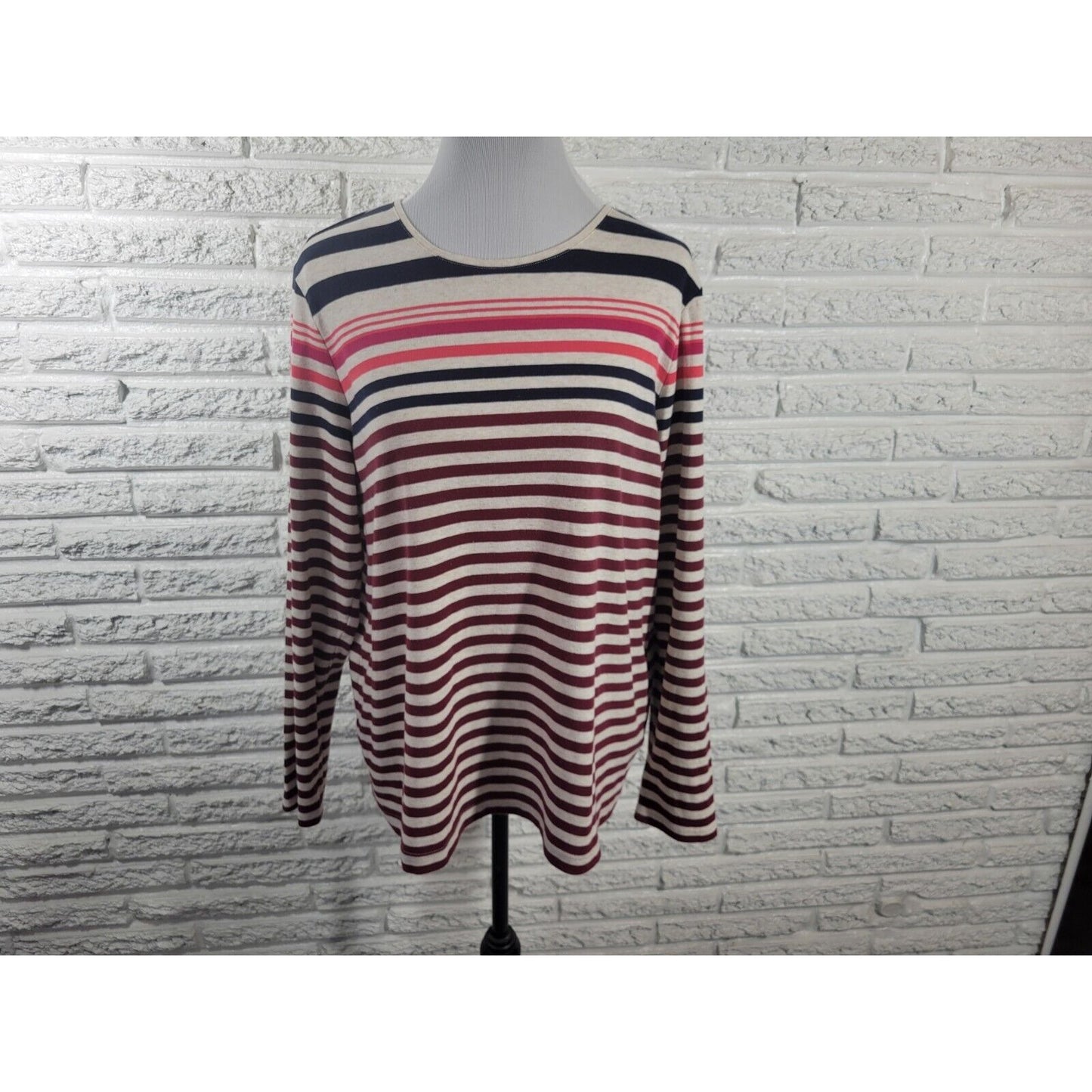 Croft Barrow Womens Top XXL Plus Tee Classic Brown Stripe Long Sleeve Casual