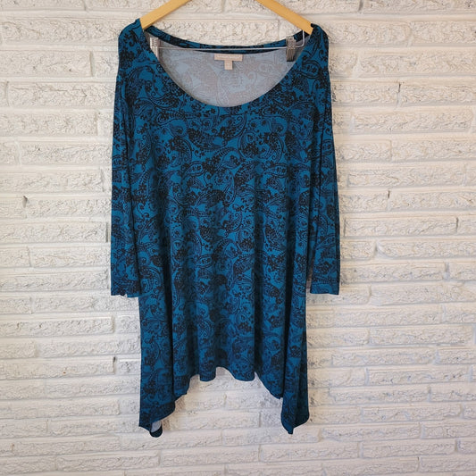 Woman Within Womens Top 3X Tunic 3/4 Sleeve Blue PaisleyPoly Blend Asymmetric