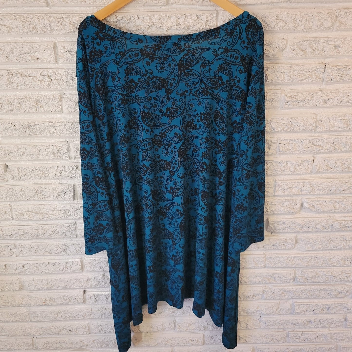 Woman Within Womens Top 3X Tunic 3/4 Sleeve Blue PaisleyPoly Blend Asymmetric