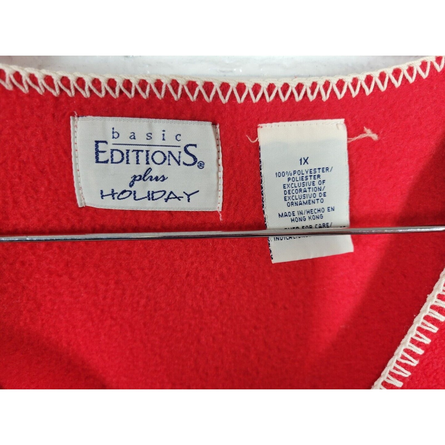 Christmas Basic Editions Womens Top 1X Vest Fleece Red Button Embroidered Casual