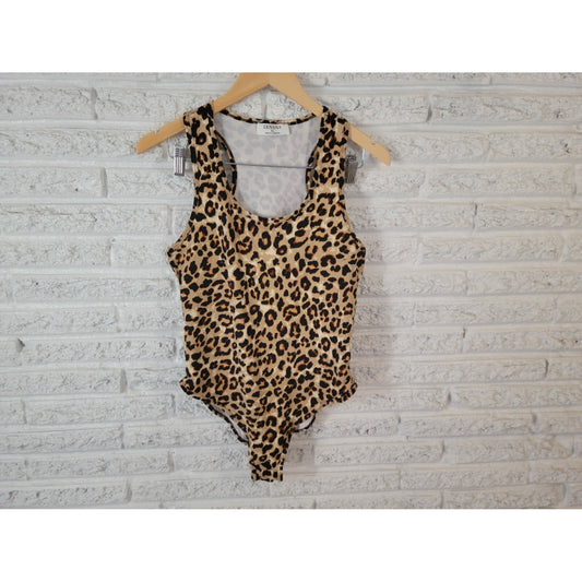 Zenana Womens Bodysuit XL Sleeveless Tan Animal Print Racerback Comfy Poly Blend