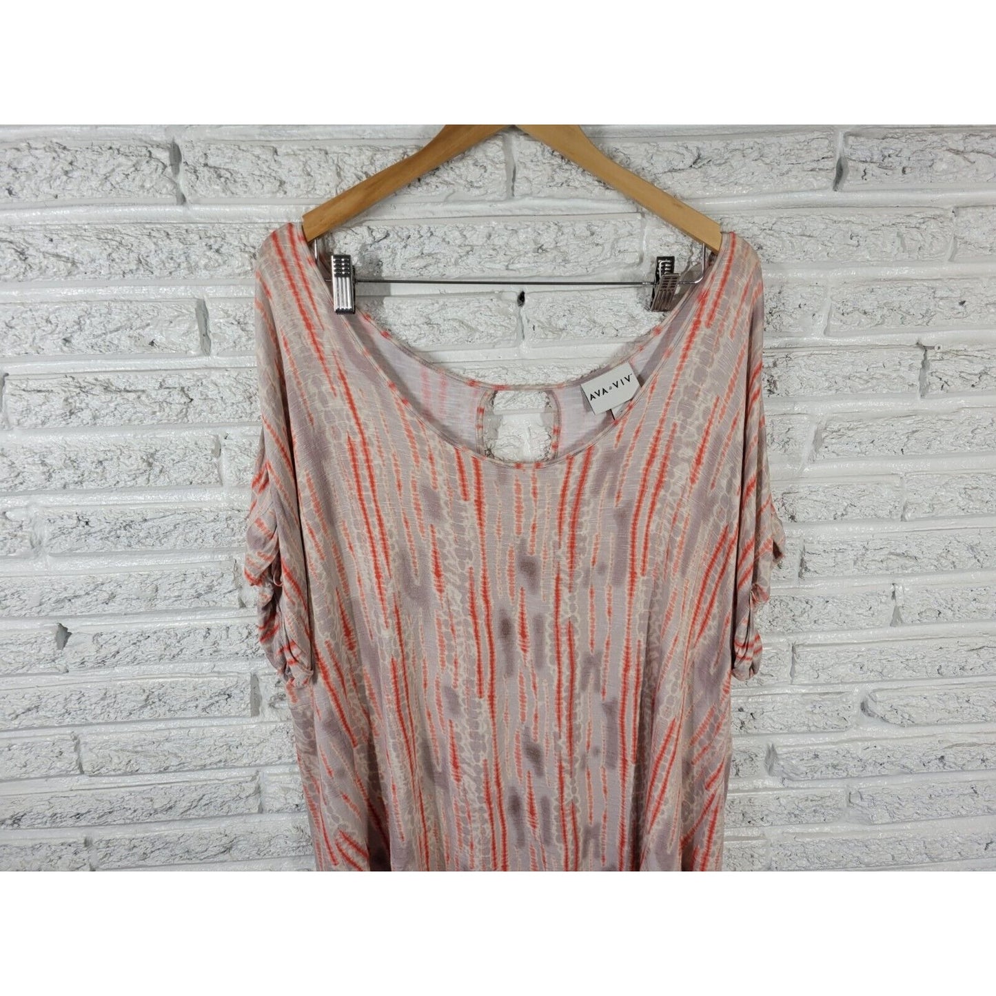 Ava Viv Women Top 3X Plus Tee Tunic Keyhole Back Orange Watercolor Casual