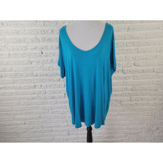 Avenue Women Top 26 28 Plus Tee Short Sleeve Criss Cross Back Pullover Blue NWT