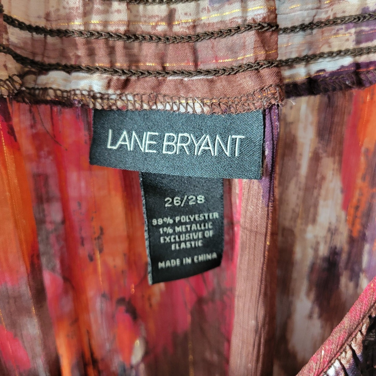 Lane Bryant Womens Top 26 28 Plus Tunic Red Watercolor Sheer Keyhole Metallic