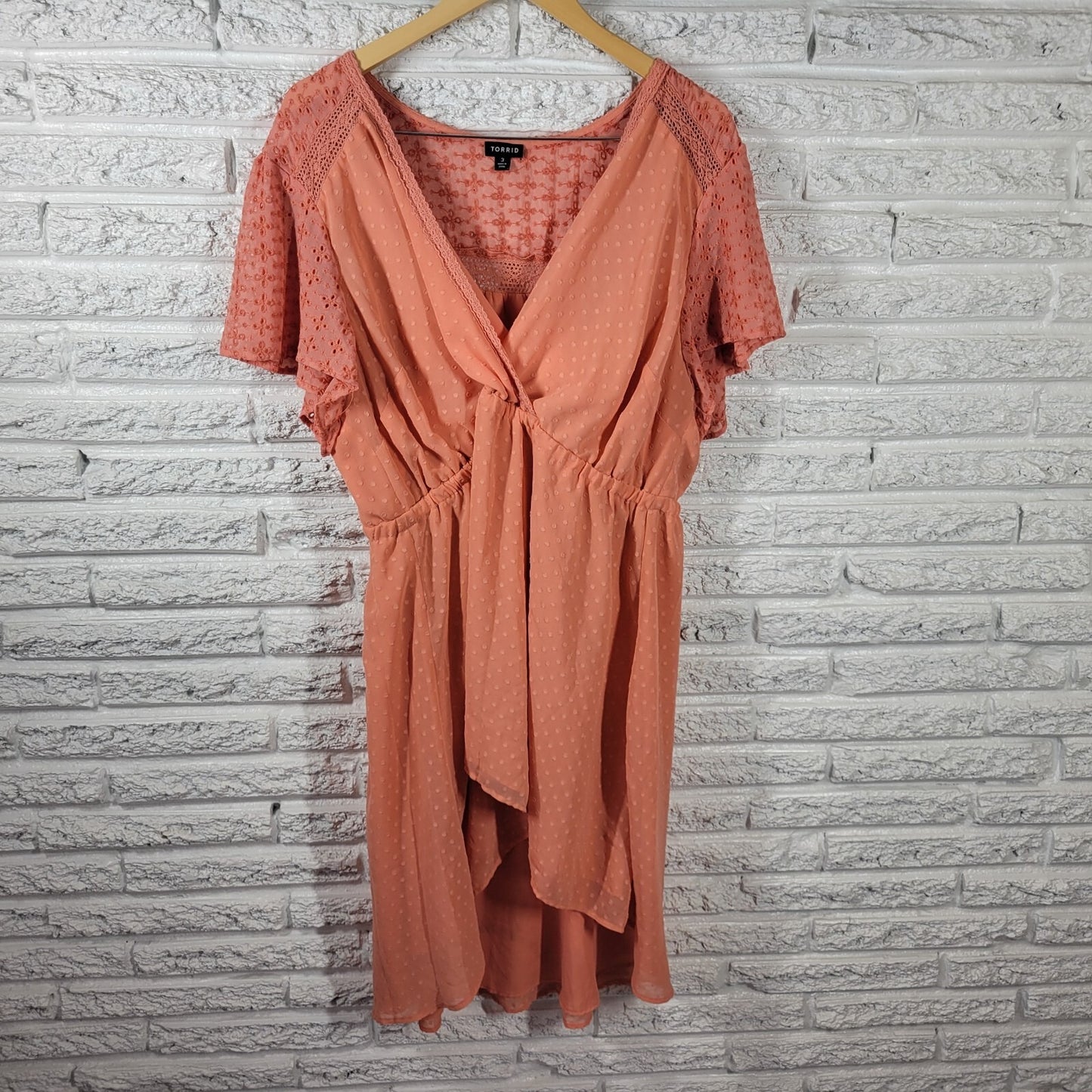 Torrid Womens Dress 3 3X Plus Sheath High Low Orange Swiss Dot Eyelet Lined