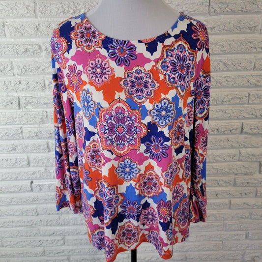 Ruby Rd Women Top PXL Petite 3/4 Sleeve Blue Red Floral Lightweight Comfy Casual