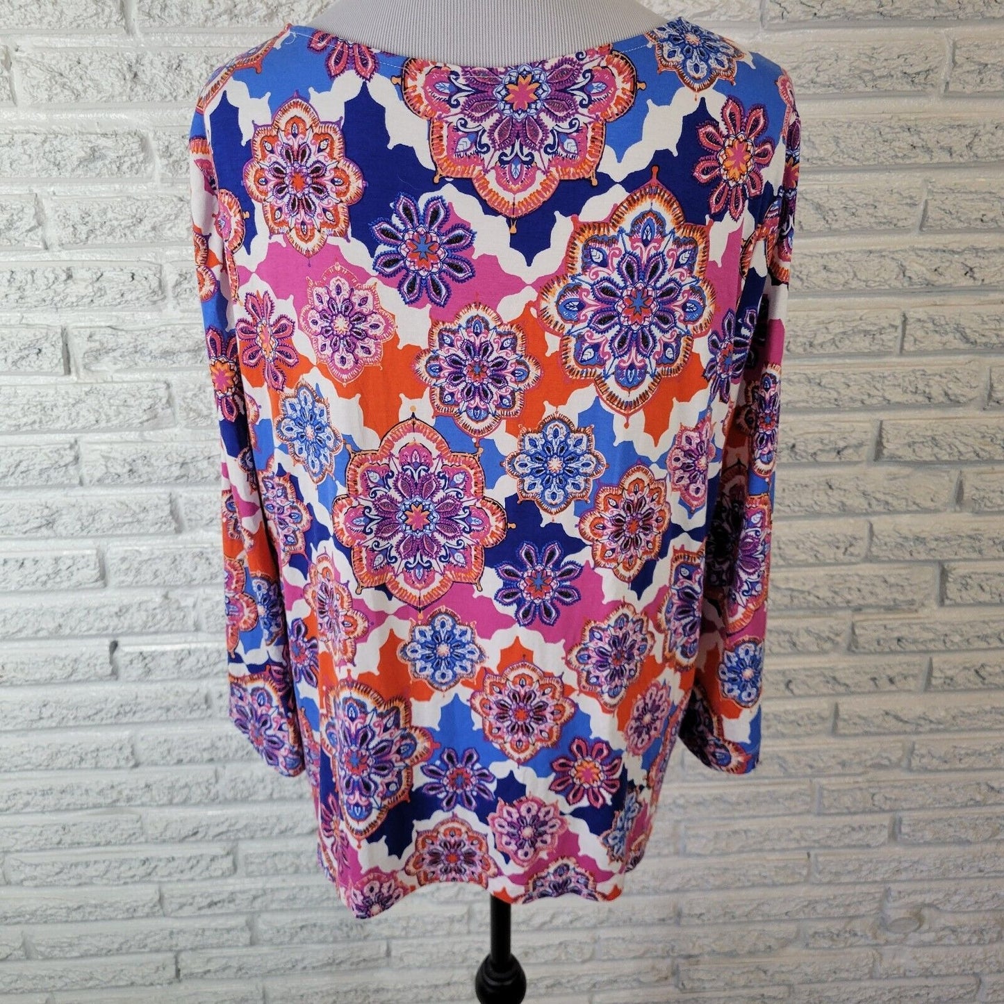 Ruby Rd Women Top PXL Petite 3/4 Sleeve Blue Red Floral Lightweight Comfy Casual