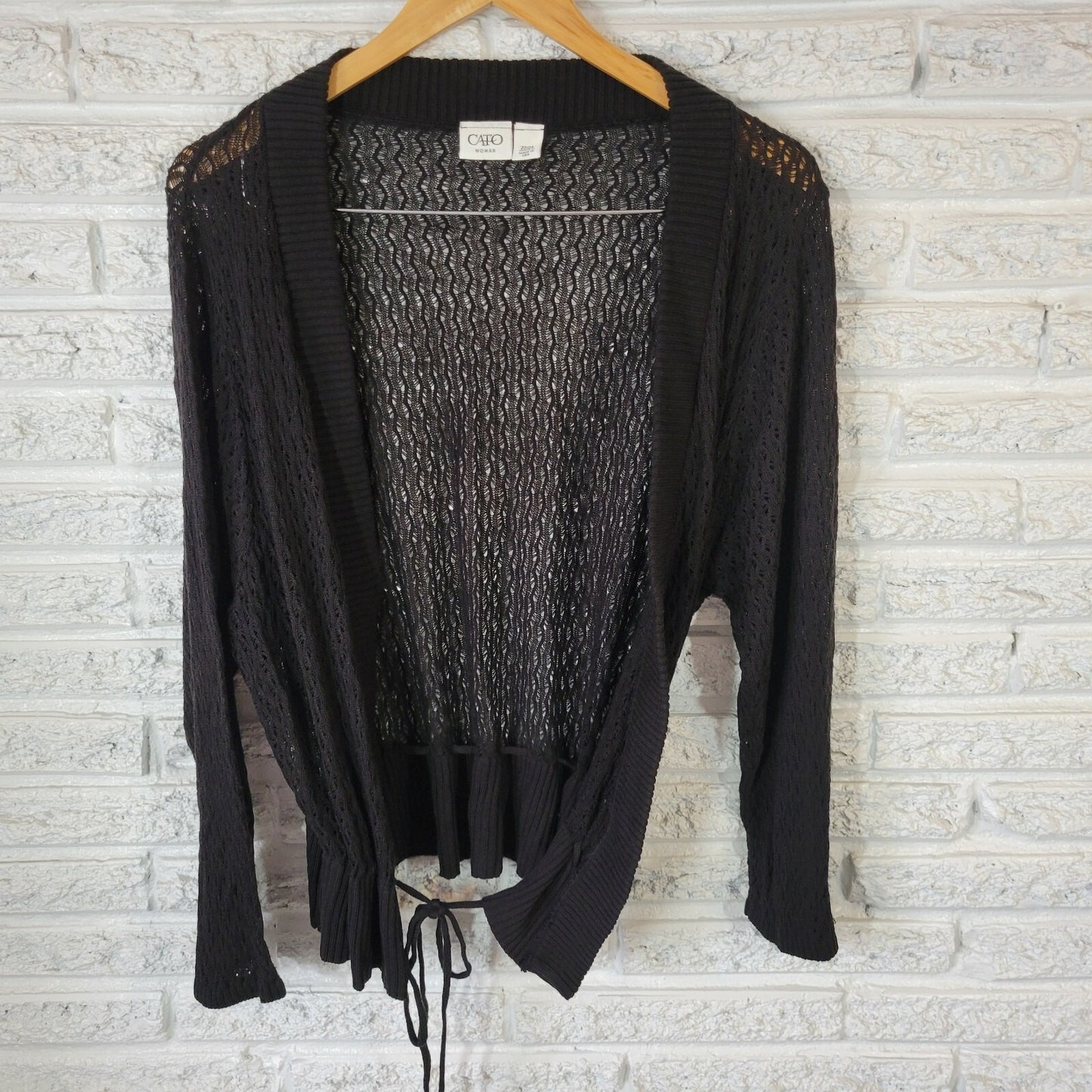 Cato Women Sweater 22 24 Plus Cardigan Open Black Long Sleeve Tie Open Knit Soft