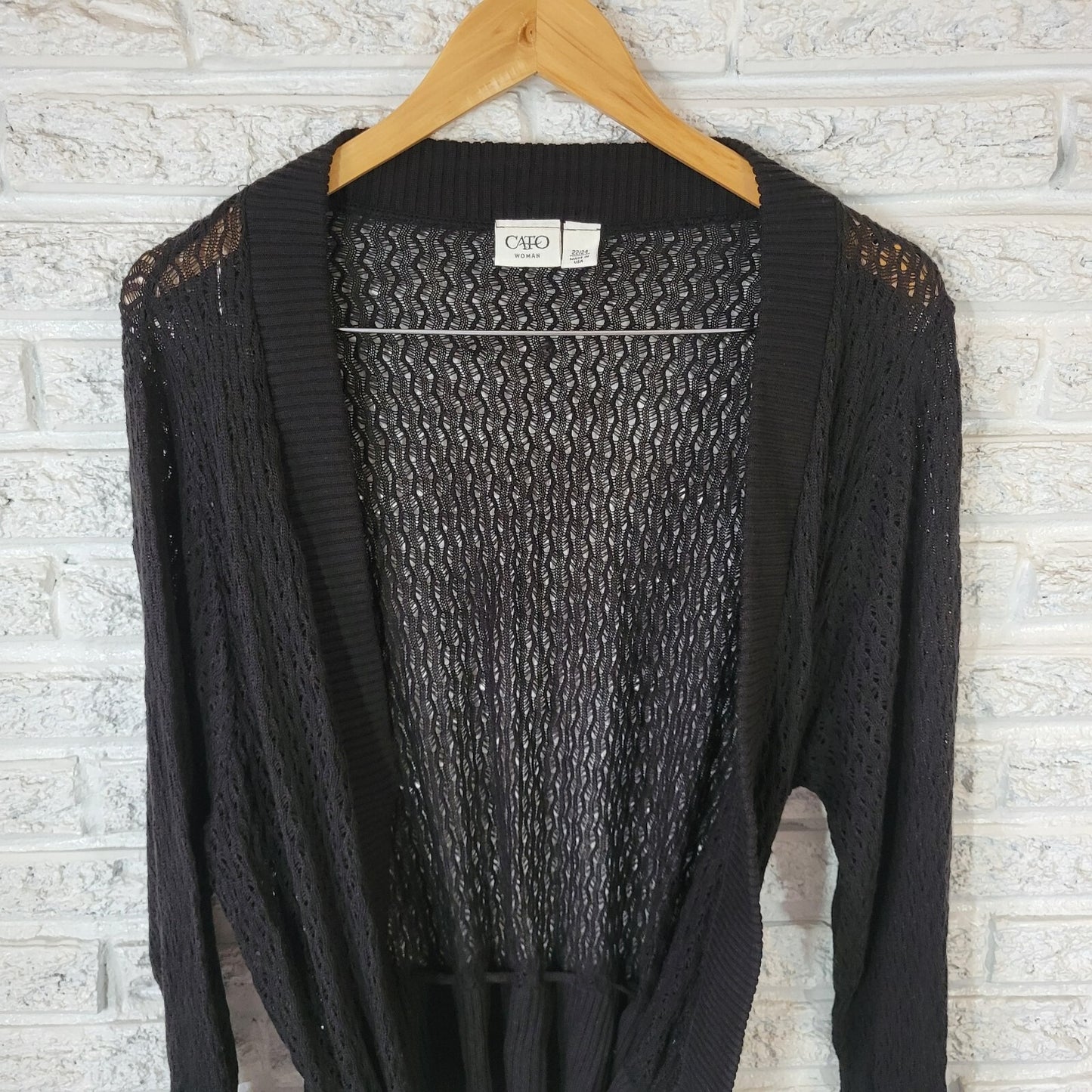 Cato Women Sweater 22 24 Plus Cardigan Open Black Long Sleeve Tie Open Knit Soft