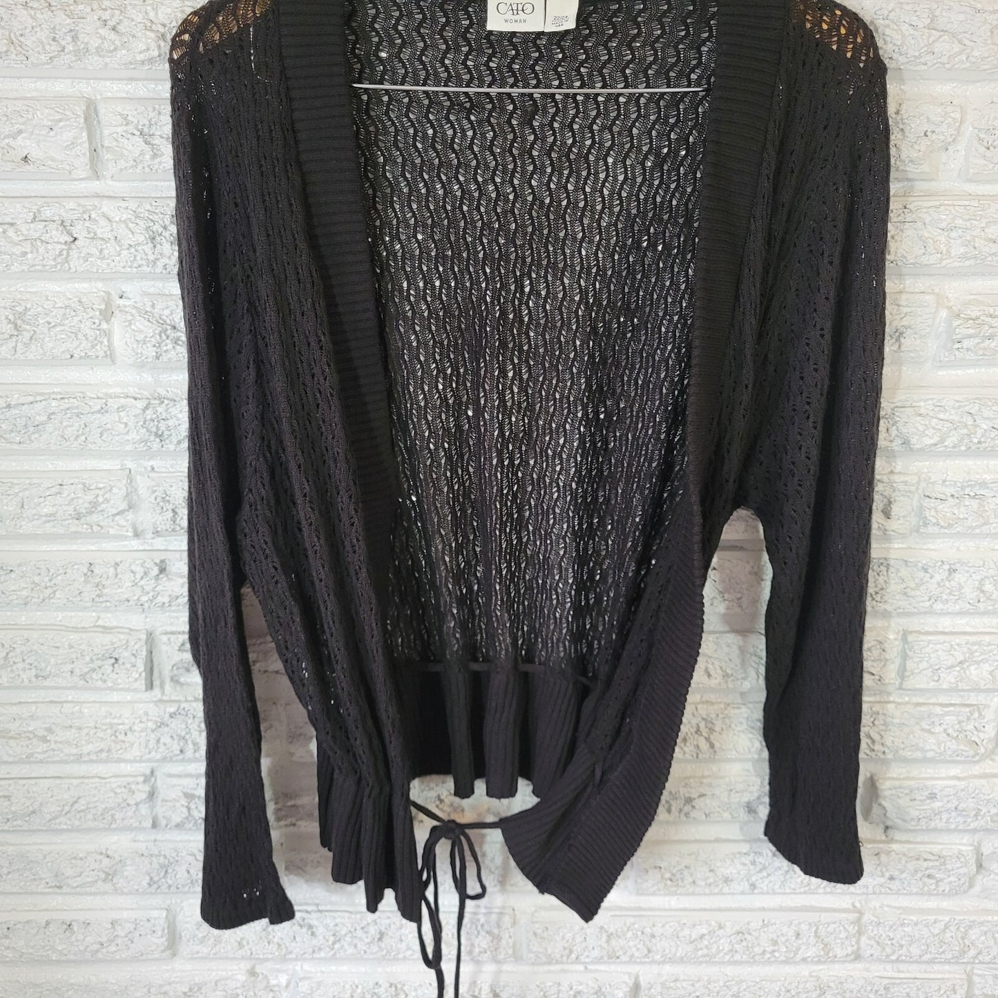 Cato Women Sweater 22 24 Plus Cardigan Open Black Long Sleeve Tie Open Knit Soft