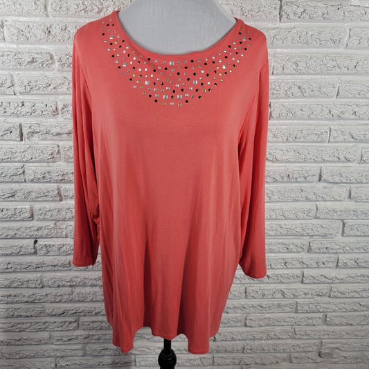 Investments II Womens Top 2X Plus 3/4 Sleeve Pink Studded Comfy Casual Modal