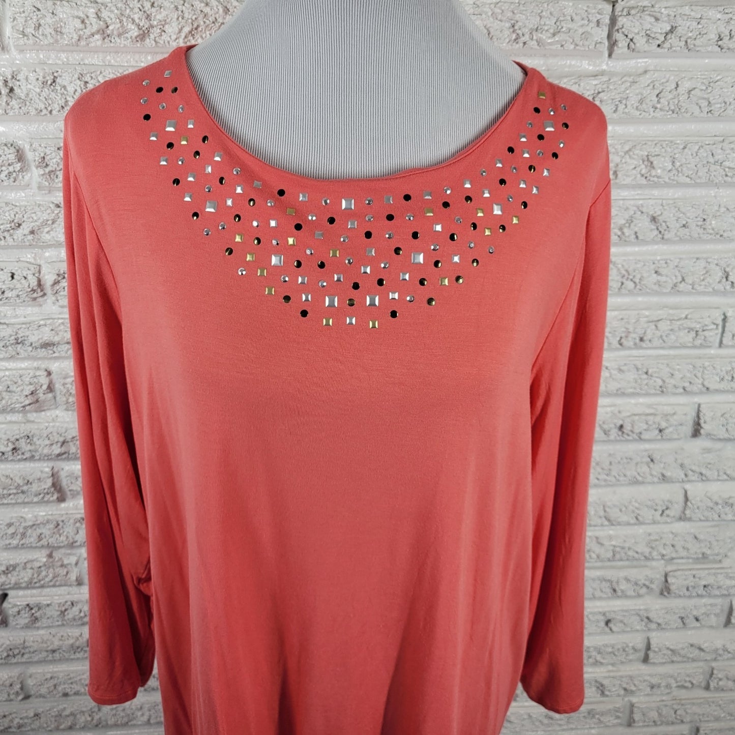 Investments II Womens Top 2X Plus 3/4 Sleeve Pink Studded Comfy Casual Modal