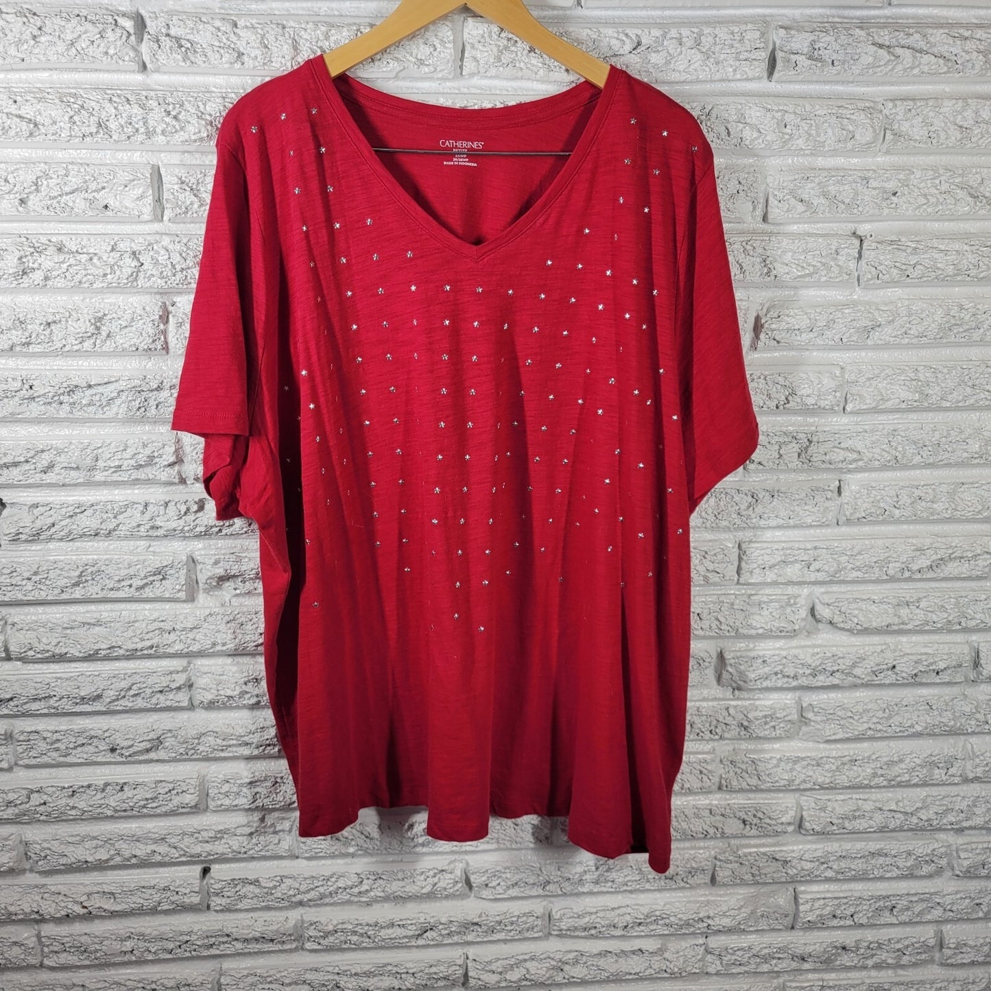 Catherines Women Top 3XWP Plus Tee Short Sleeve Red Cotton Studded Stars Comfy