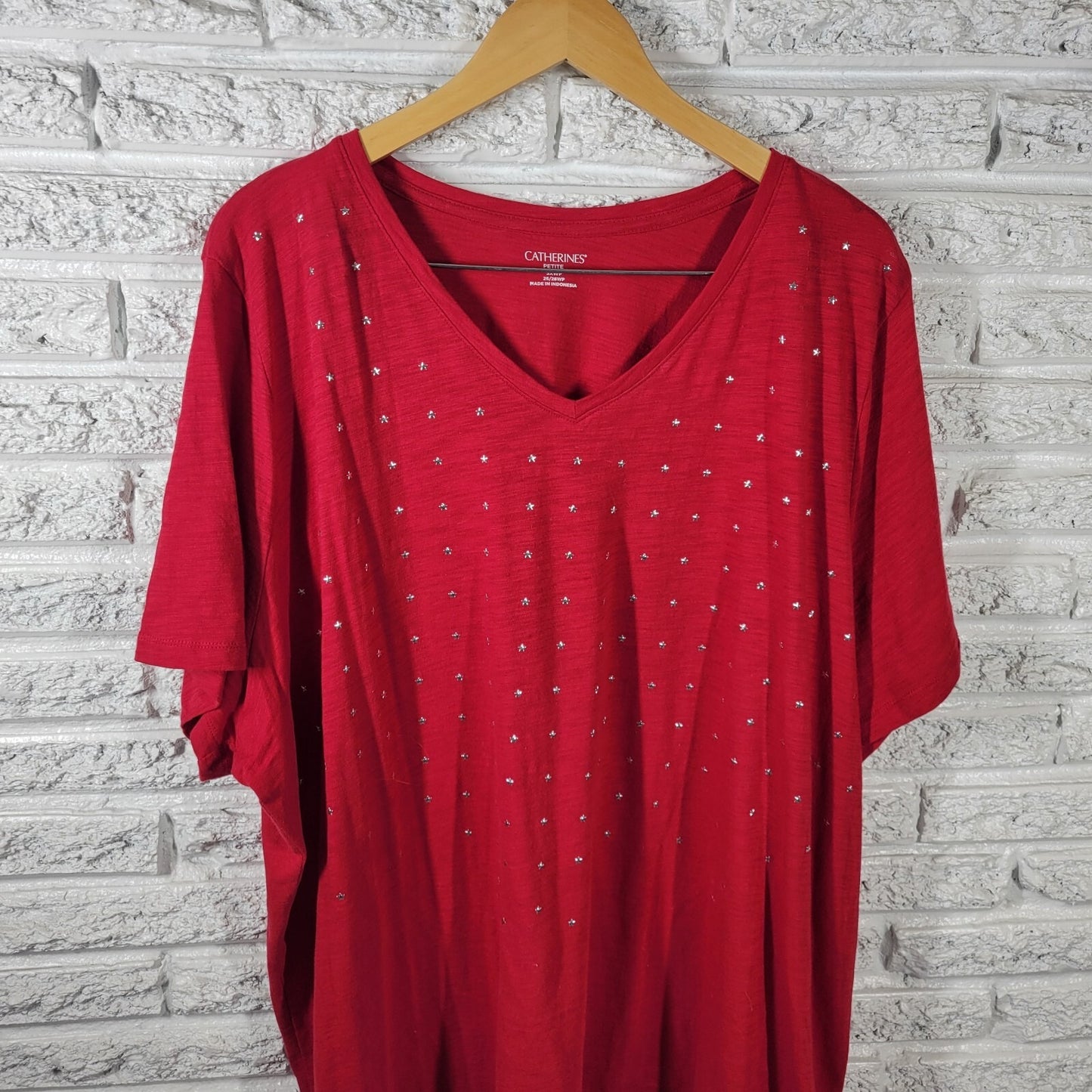 Catherines Women Top 3XWP Plus Tee Short Sleeve Red Cotton Studded Stars Comfy