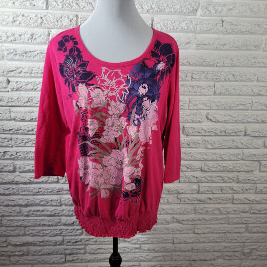 White Stag Womens Top XXL 20 Tee 3/4 Sleeve Smock Waist Pink Floral Rhinestones